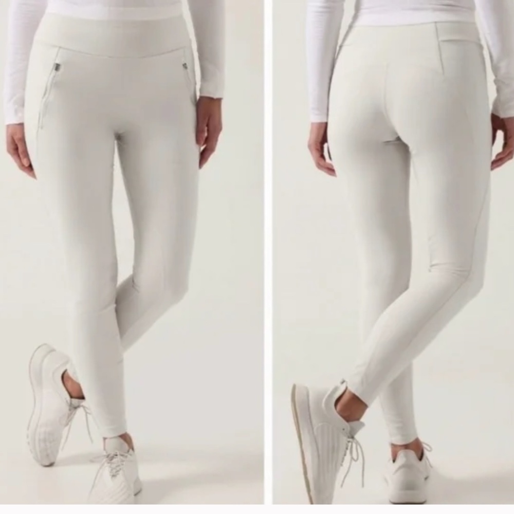 Athleta Peak Hybrid Fleece tight leggings, birch grey/cream, Size L, NWT